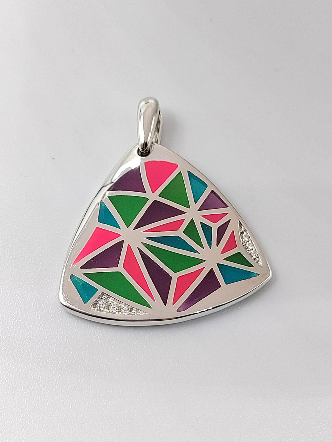 AMONROO 925 Sterling Silver Rhodium-Plated Enamelled CZ Studded Triangle Shape Pendant