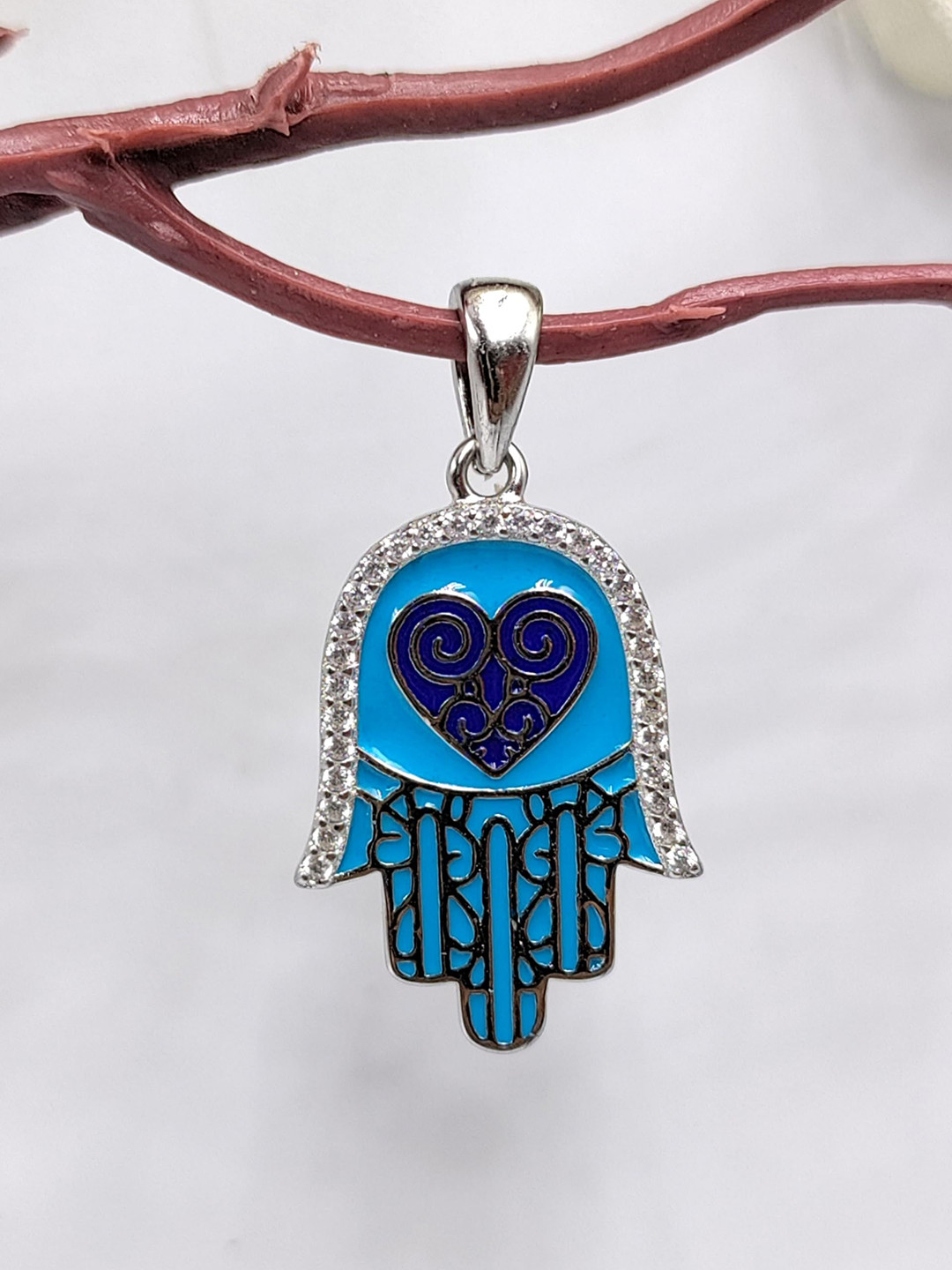 AMONROO 925 Sterling Silver Rhodium-Plated Enamelled CZ Studded Hamsa Hand Sign Pendant