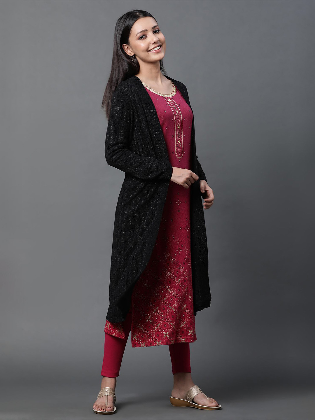 AURELIA Winter Gilet Self Design Open Front Shrug