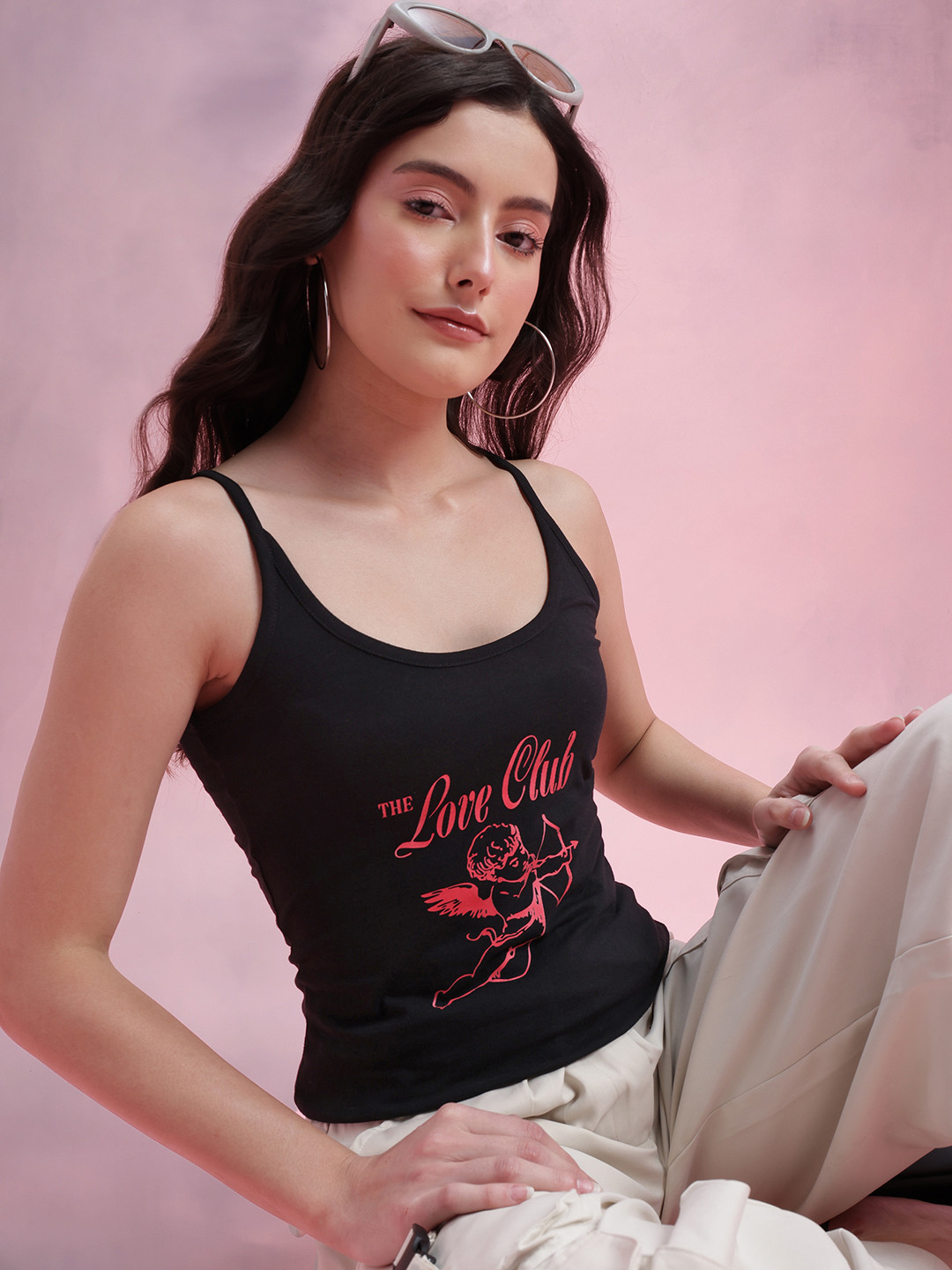 DressBerry Typography Print Shoulder Straps Fitted Camisole Top