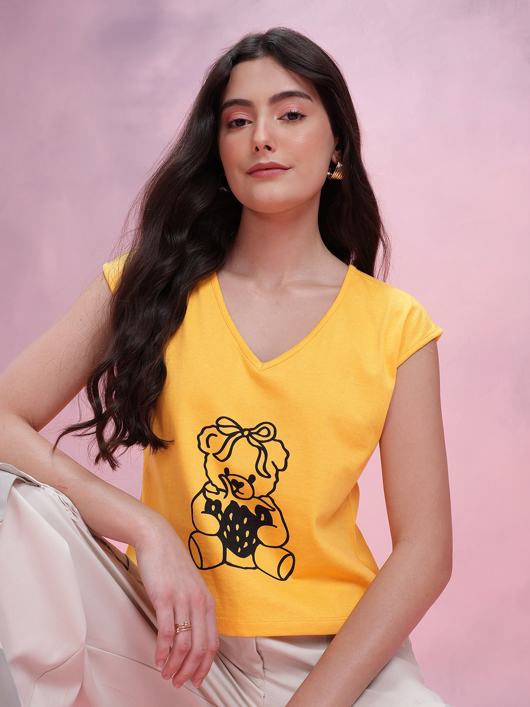 DressBerry Printed V-Neck Extended Sleeves T-shirt