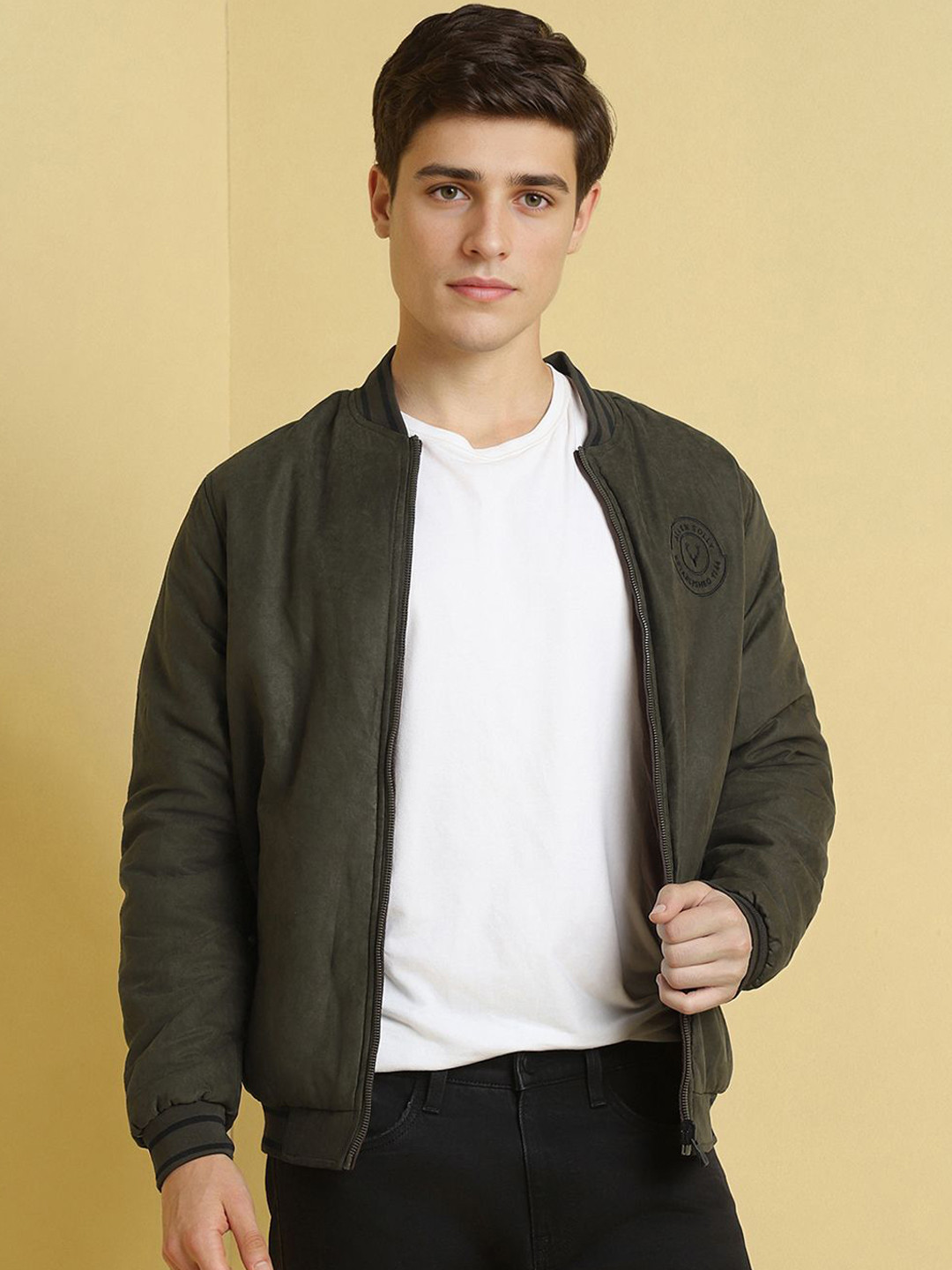 Allen Solly Men Stand Collar Solid Casual Bomber Jacket