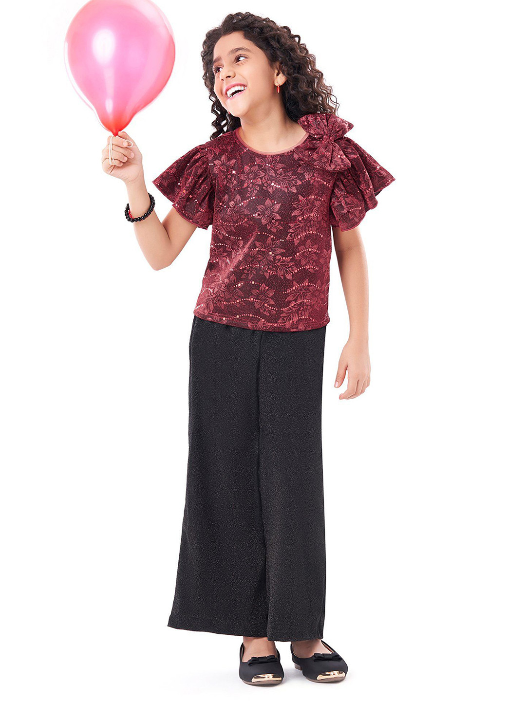 Hola Bonita Girls Embellished Round Neck Short Sleeves Top With Trouser