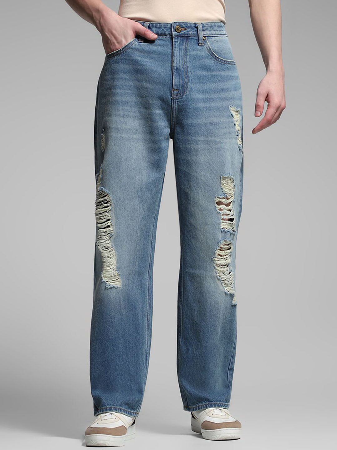 Jack & Jones Men Wide Leg High-Rise Highly Distressed Light Fade Cotton Jeans