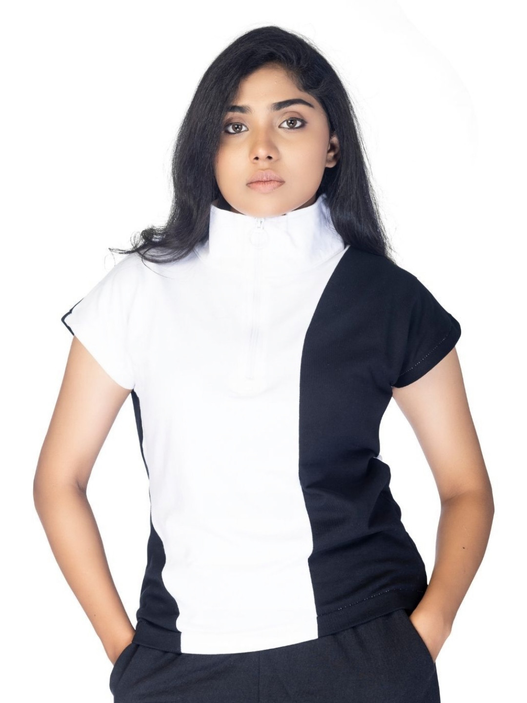 stichstory Women Colourblocked Turtle Neck Cotton T-shirt