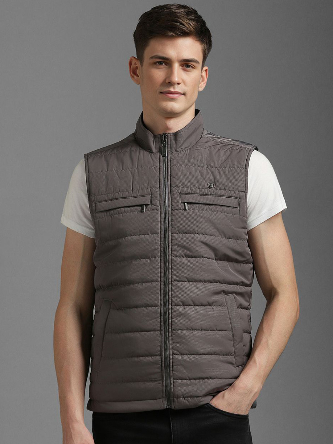 Louis Philippe Men Mock Collar Geometric Printed Casual Gilet Jacket
