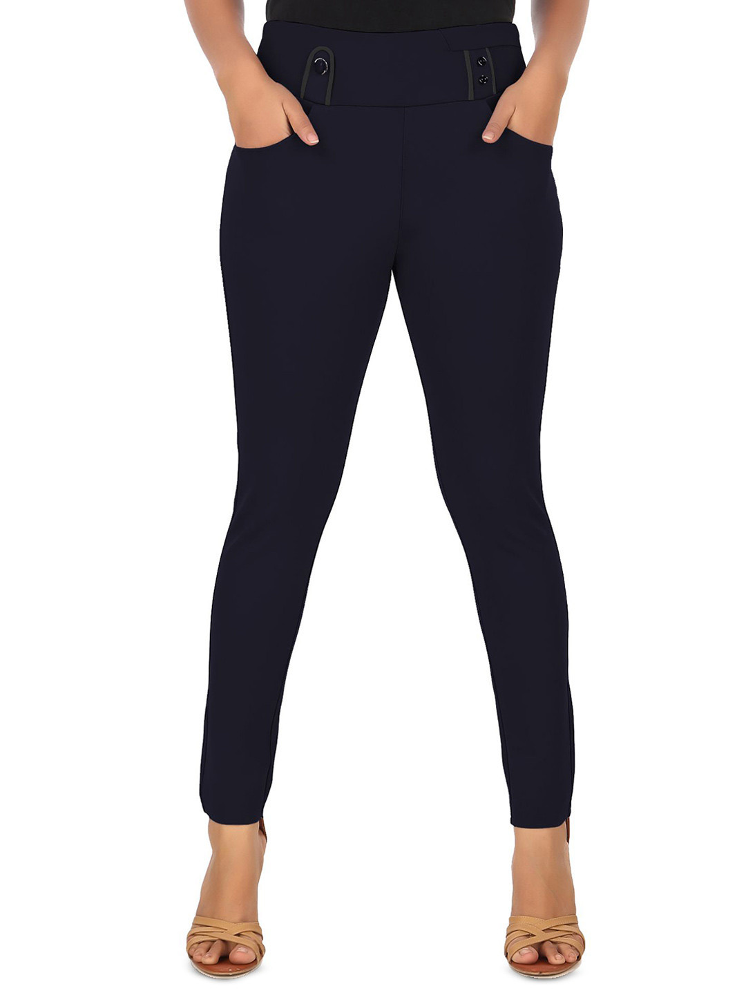 Semle Women Slim Fit Woven Zip-Trim Jeggings