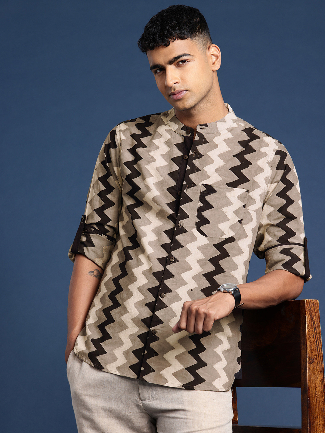 Taavi Chevron Printed Pure Cotton Block Print Legacy Casual Shirt