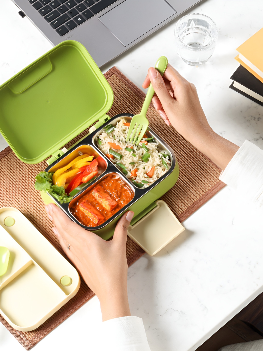 Cello Pioneer Green 3 compartment Insulated Stainless Steel Easy to Clean Lunch Box