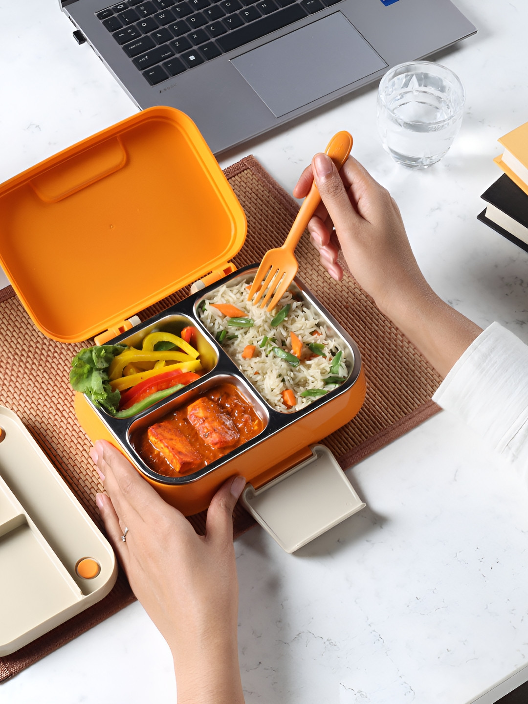 Cello Pioneer Orange 3 compartment Insulated Stainless Steel Easy to Clean Lunch Box