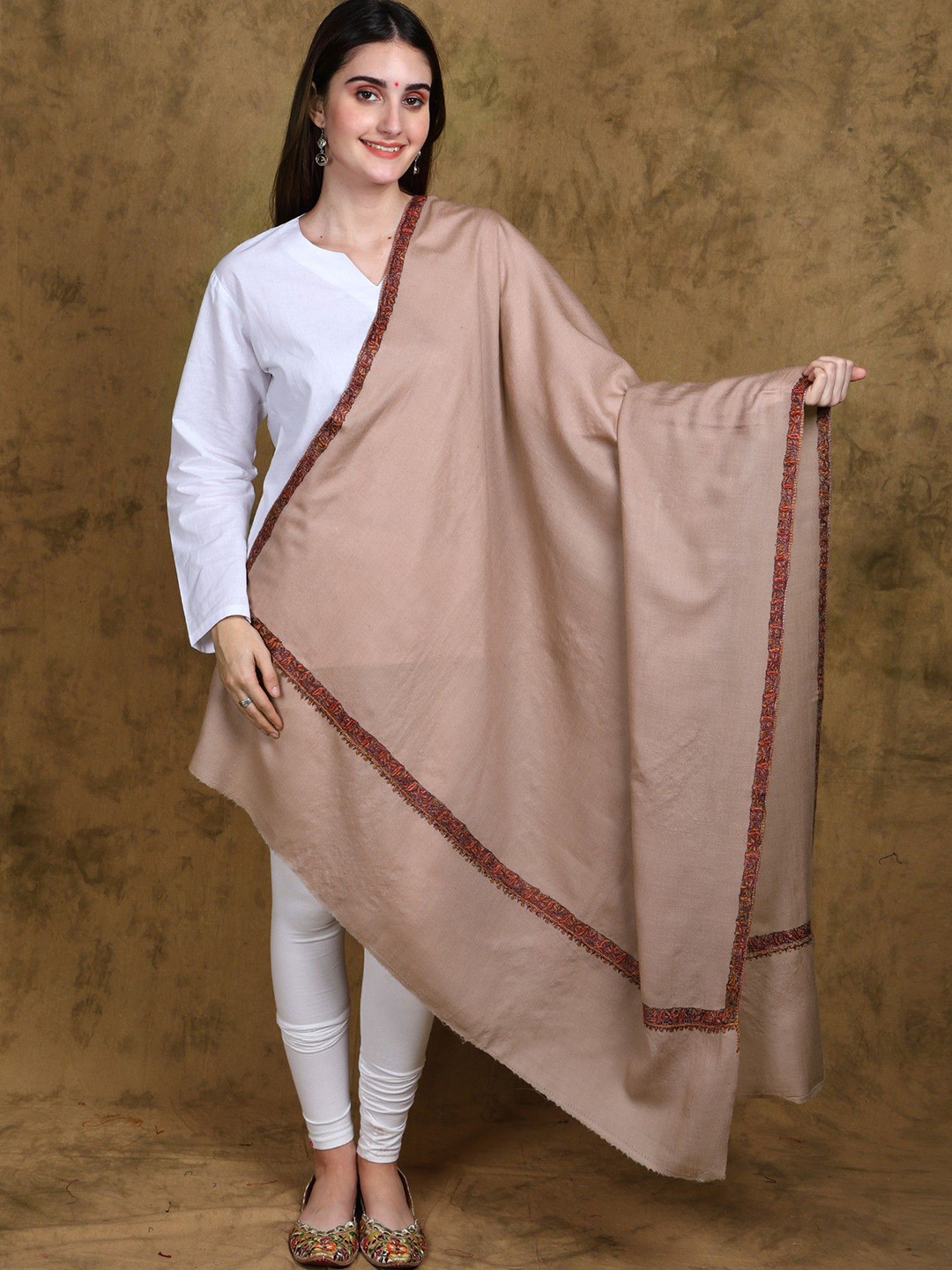 Exotic India Rose Dust Pure Wool Kashmiri Shawl with Sozni Hand Embroidered Border