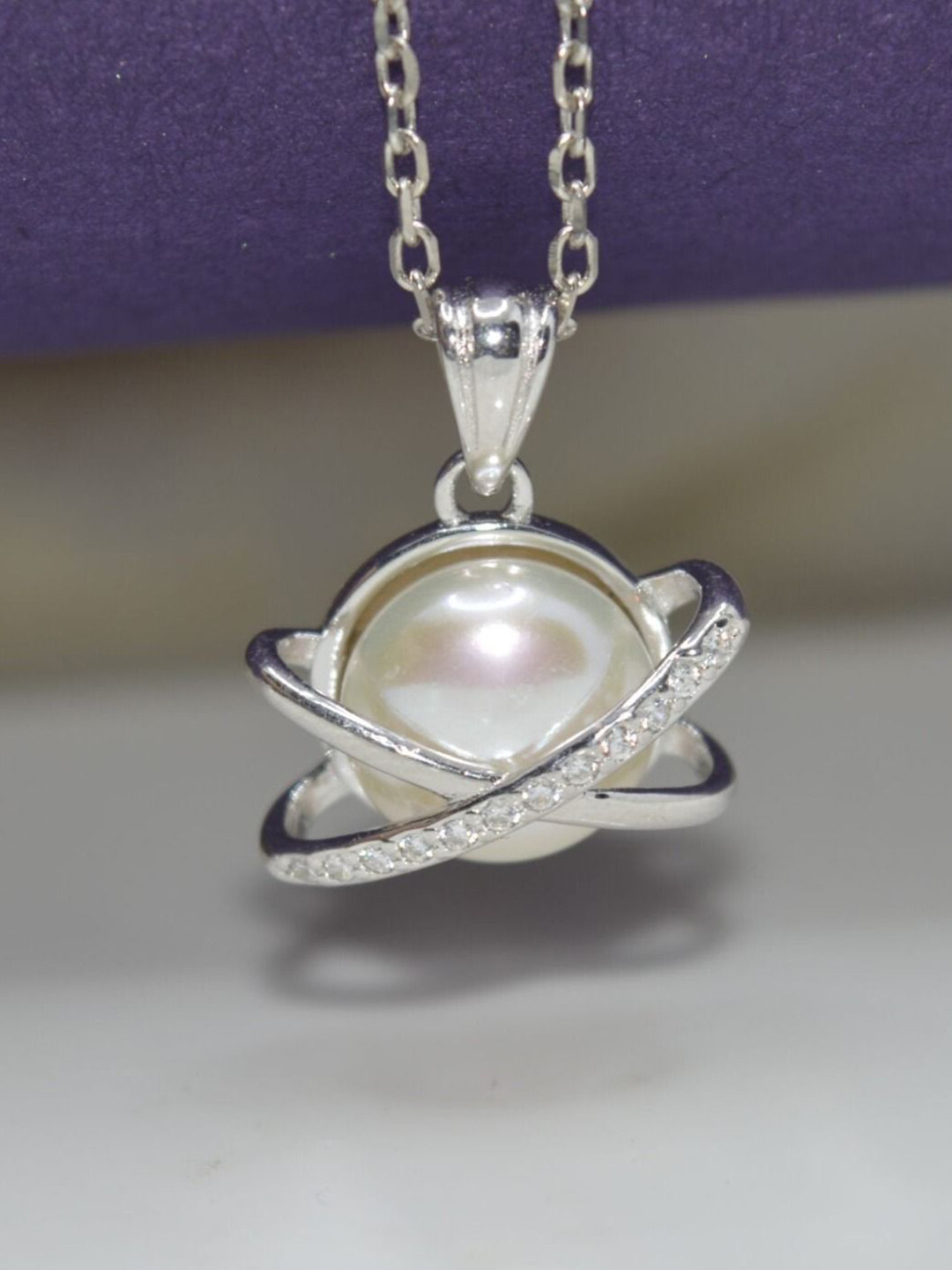 Luxevogue Sterling Silver Rhodium-Plated shiny Cross Pearls Beaded Pendant