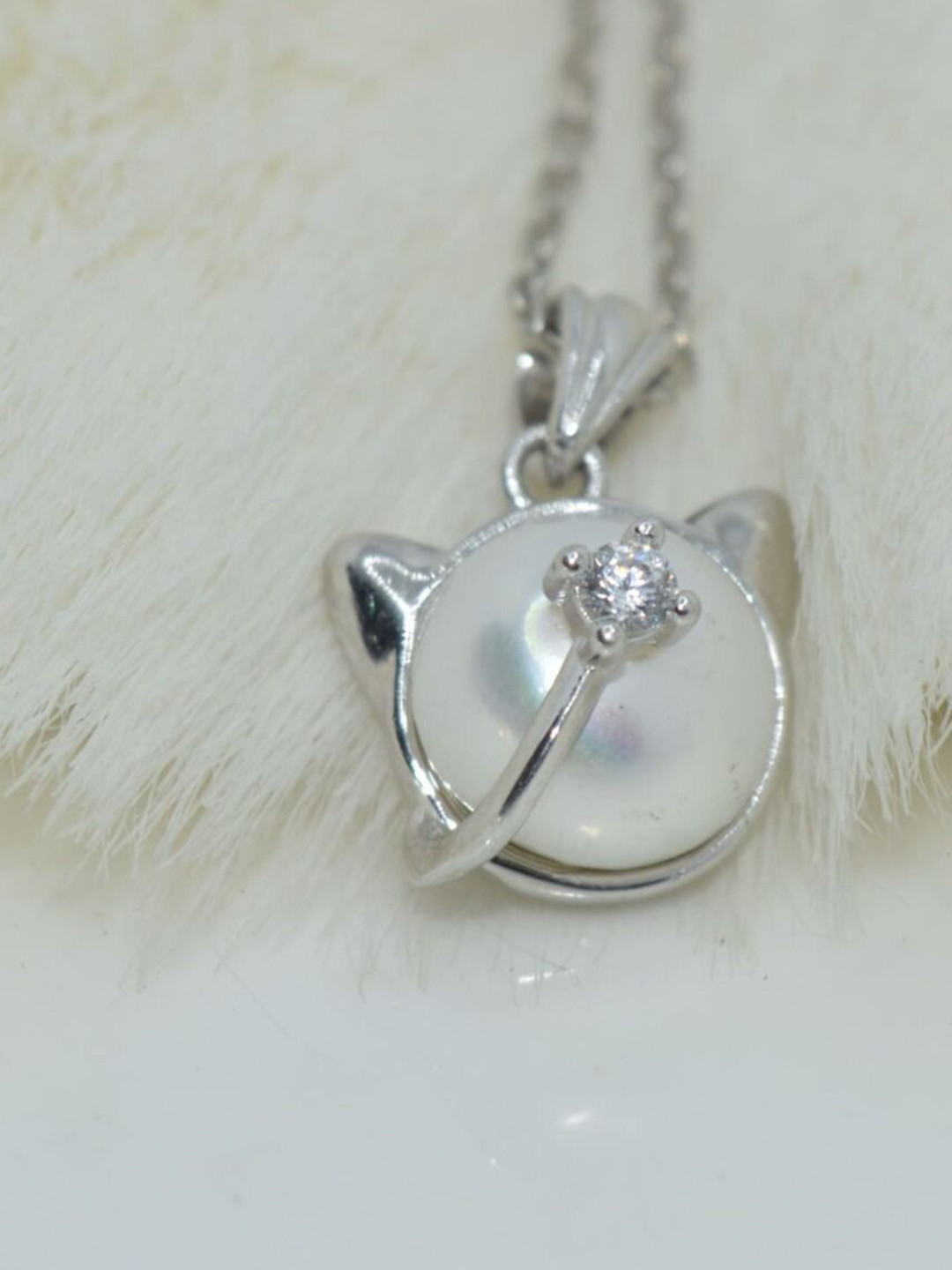 Luxevogue Sterling Silver Rhodium-Plated Playful Cat Pearls Beaded Pendant