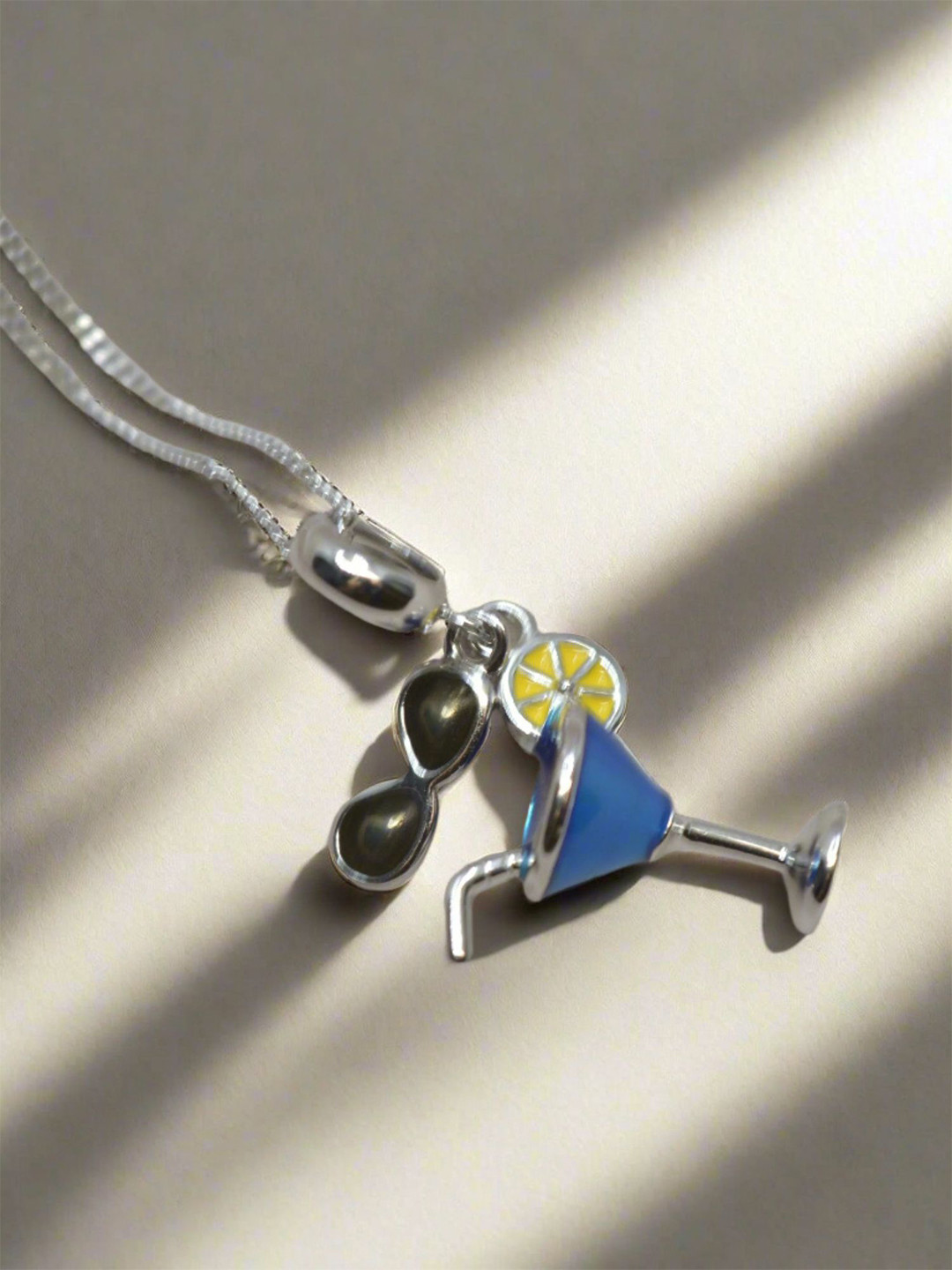 Luxevogue 925 Sterling Silver Rhodium-Plated CZ Studded Cocktail Glass Charm Pendant