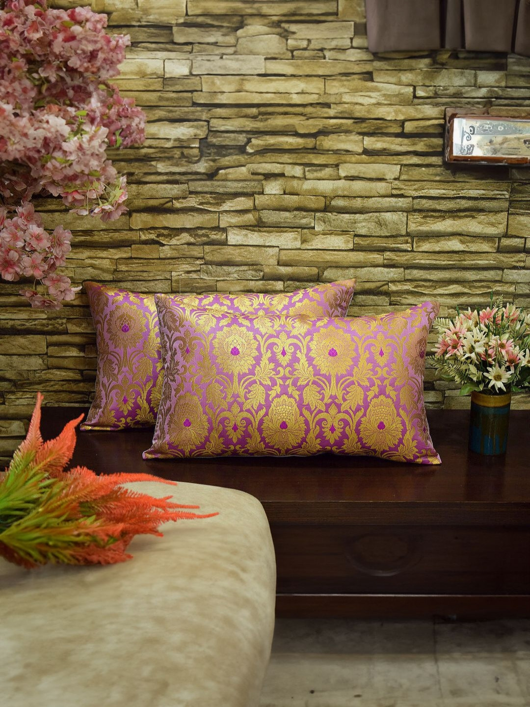 RoyalDeco Ethnic Motifs Brocade Durable 2 Pcs Zari Cushion Covers - 11.8 x 19.7 Inches