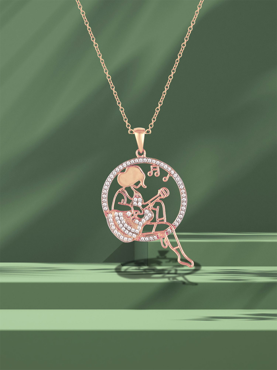 Luxevogue 925 Sterling Silver Guitar Girl 18K Rose Gold Plated Pendant with Chain