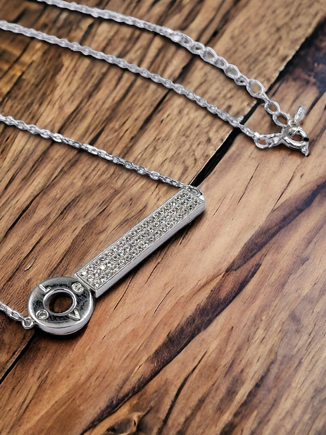 AMONROO 925 Sterling Silver Rhodium-Plated CZ Studded Key Bar & Love Written Pendant Chain