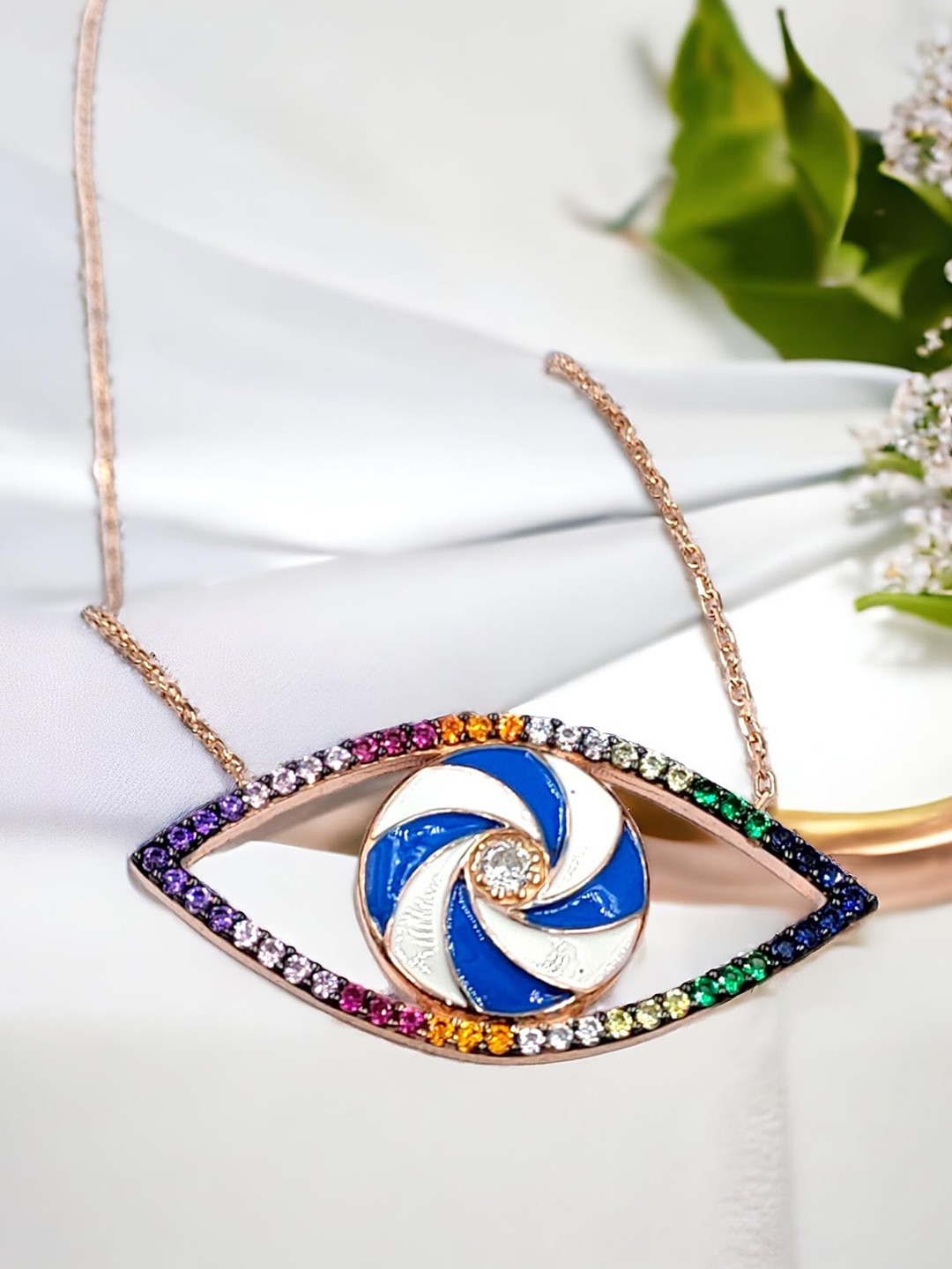 AMONROO 925 Sterling Silver Rose Gold-Plated Enamelled Evil Eye Pendant Chain