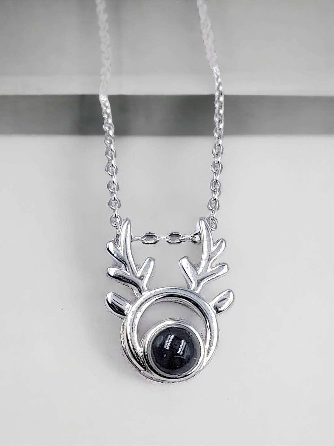 AMONROO 925 Sterling Silver Rhodium-Plated CZ Studded Deer Christmas Pendant Chain