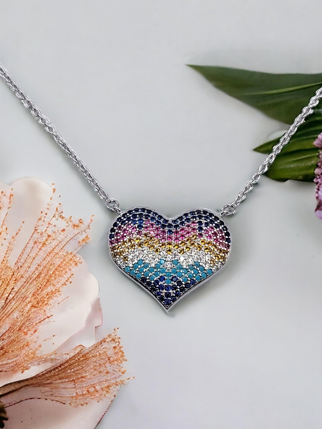 AMONROO Unisex 925 Sterling Silver Rhodium-Plated CZ Studded Big Heart Pendant Chain