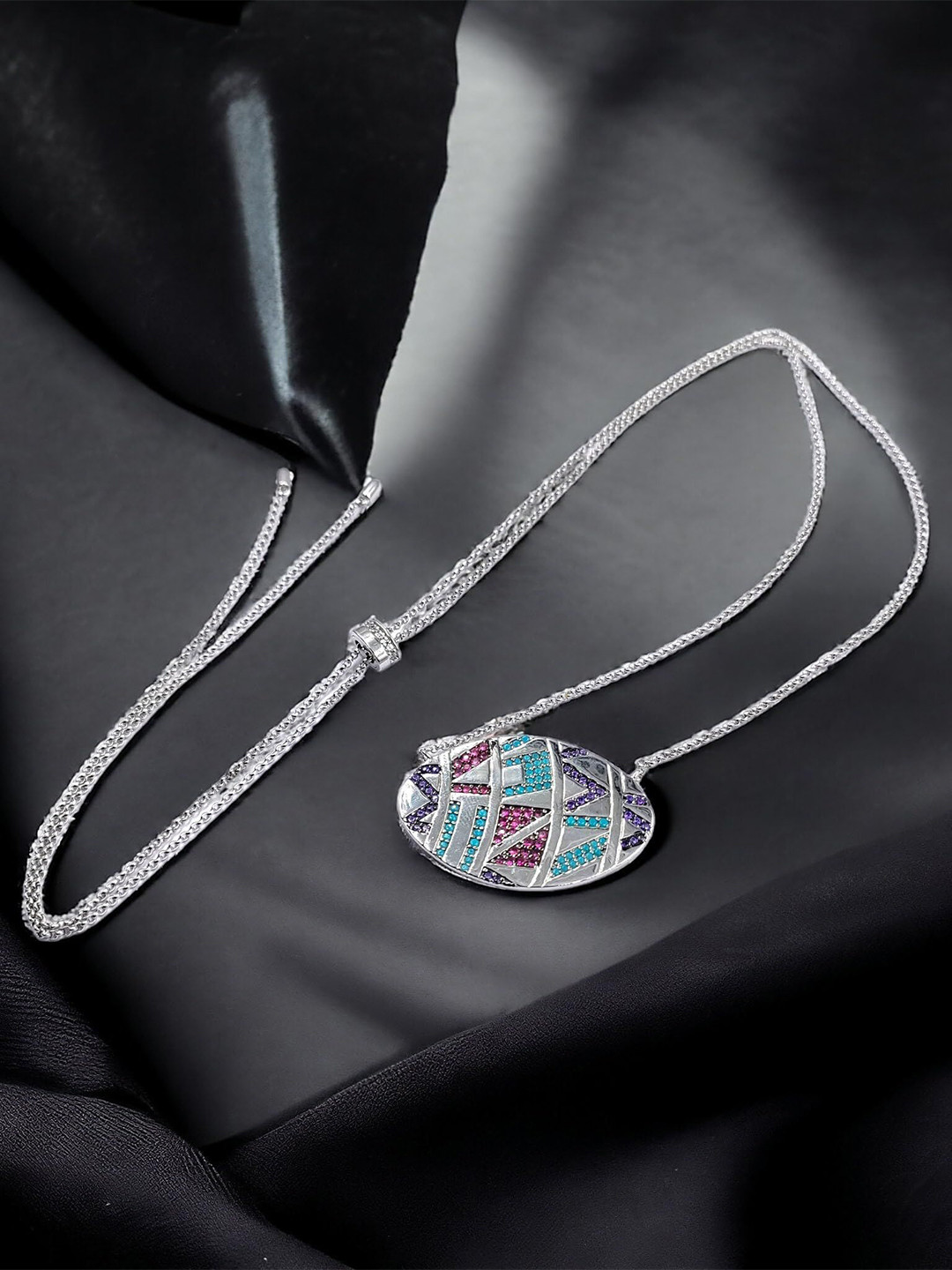 AMONROO 925 Sterling Silver Rhodium-Plated CZ Studded Pendant Chain