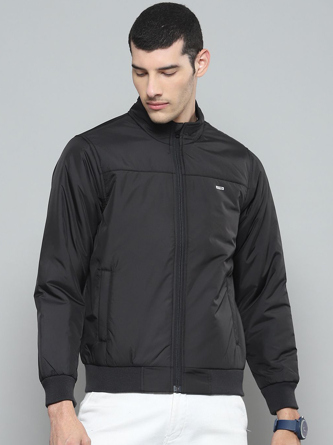 Cloak & Decker Men Mock Collar Solid Casual Bomber Lightweight Jacket