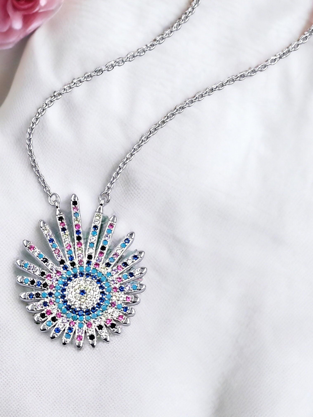 AMONROO 925 Sterling Silver Rhodium-Plated CZ Studded Evil Eye Sun Shaped Pendant Chain