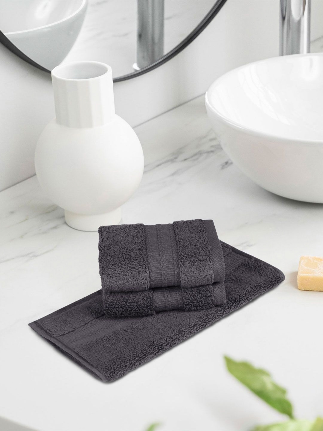 MYTRIDENT Grey 3 Pieces Striped 625 GSM Pure Cotton 625 GSM Face Towels