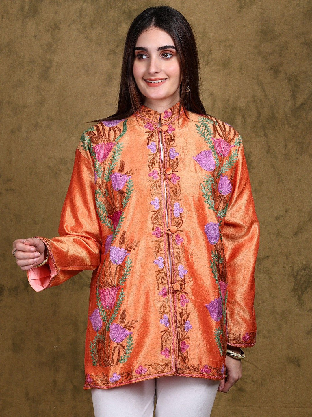 Exotic India Orange Ochre Kashmiri Short Jacket with Aari Embroidered Tulip Flower