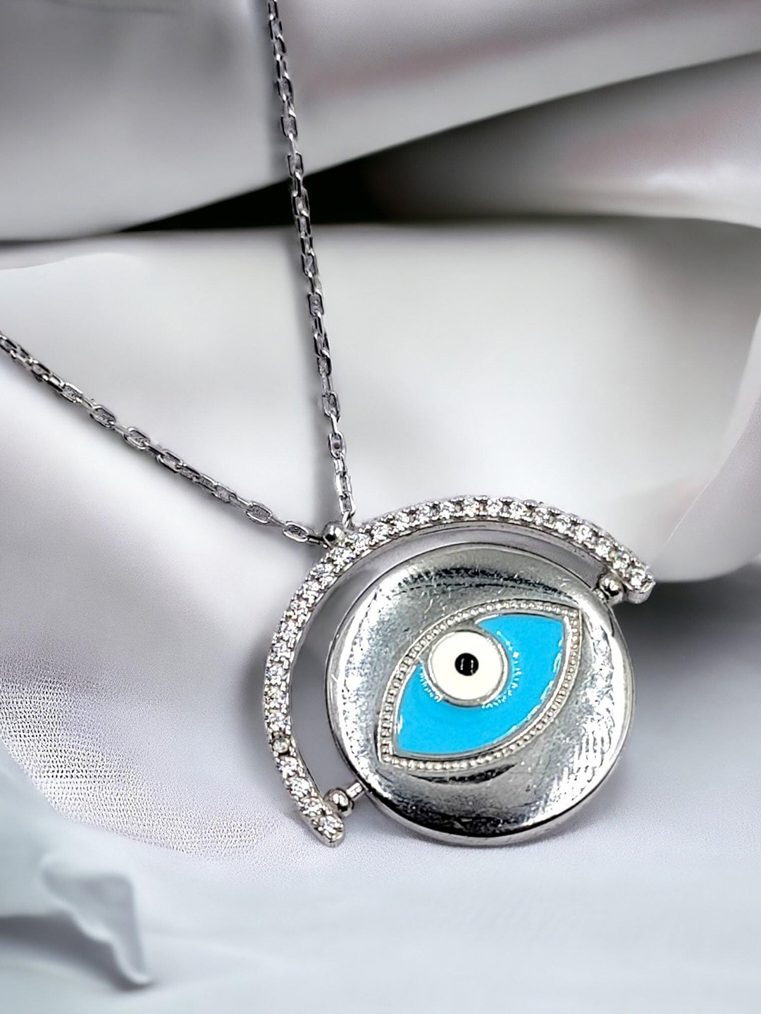AMONROO 925 Sterling Silver Rhodium-Plated CZ Studded Evil Eye Enamelled Pendant Chain