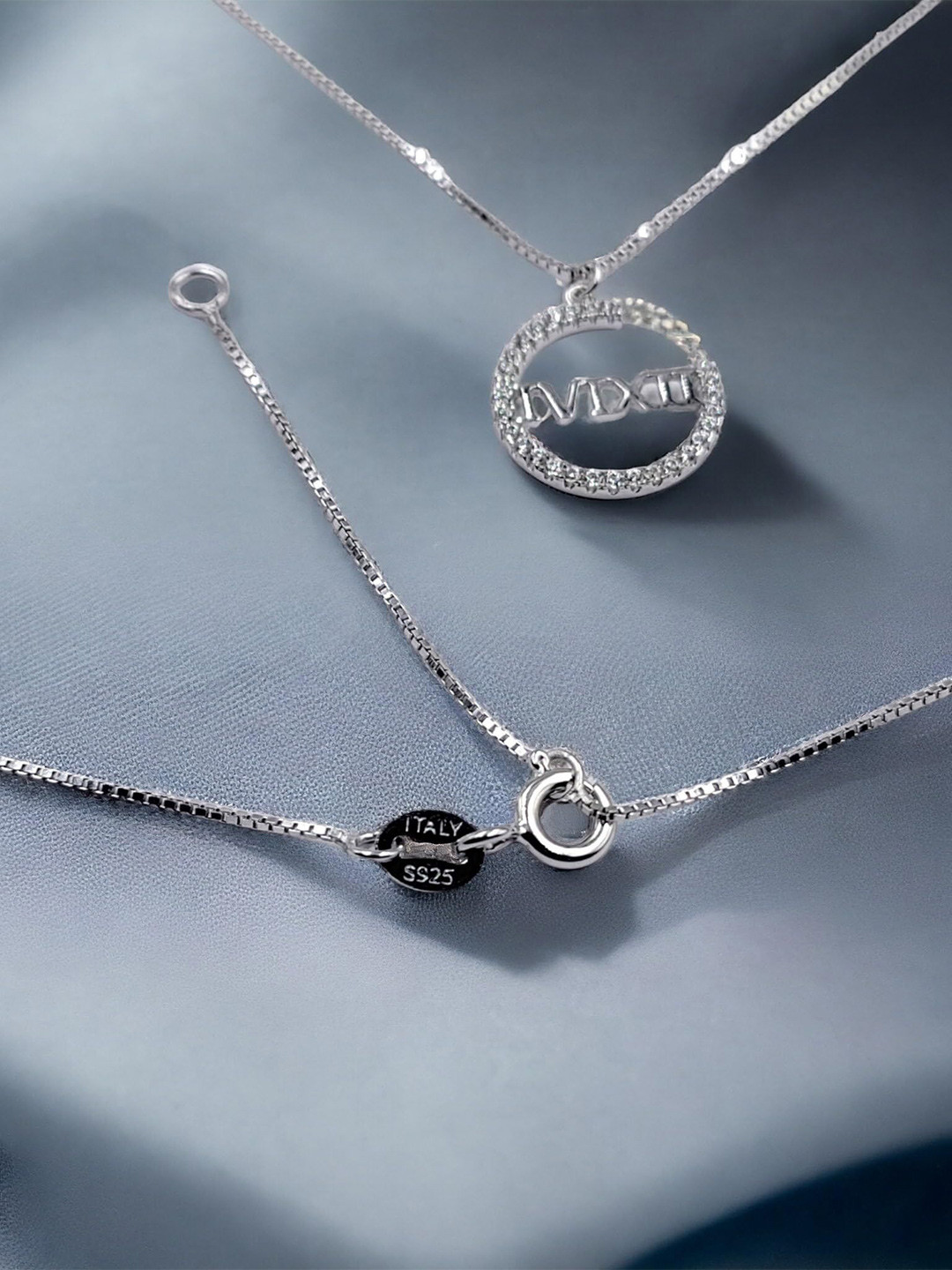 AMONROO 925 Sterling Silver Rhodium-Plated CZ Studded Semi Round Shape Charm Pendant Chain