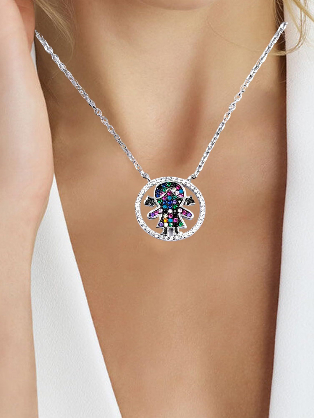 AMONROO 925 Sterling Silver Rhodium-Plated CZ Studded Doll in the Circle Pendant Chain