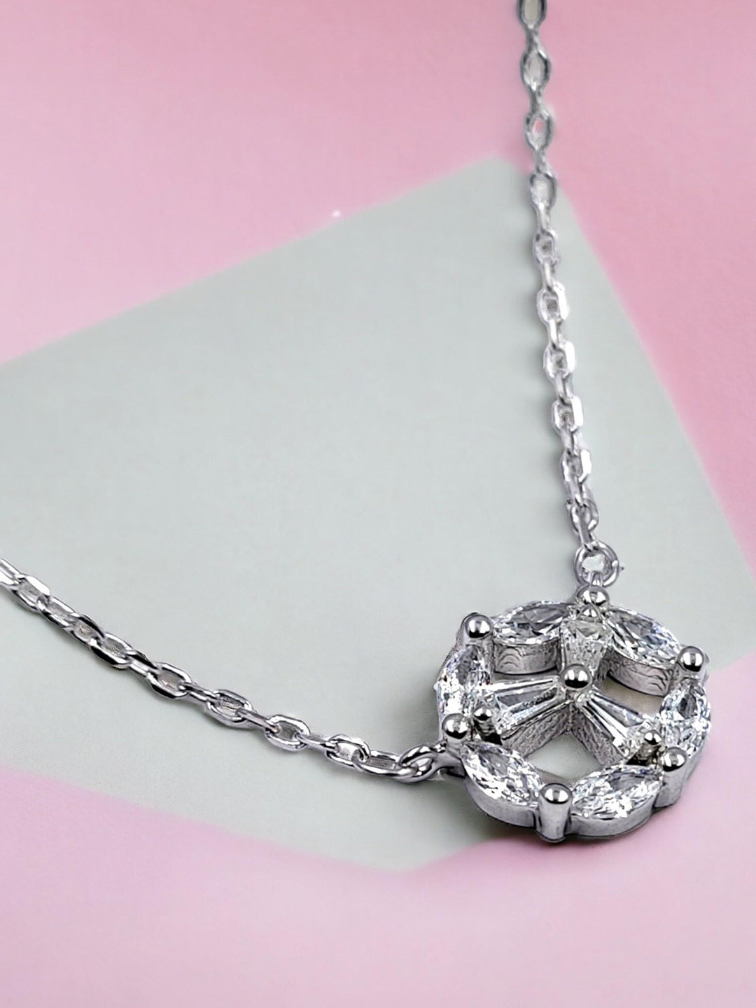 AMONROO 925 Sterling Silver Rhodium-Plated CZ Studded Little Floral Charm Pendant Chain