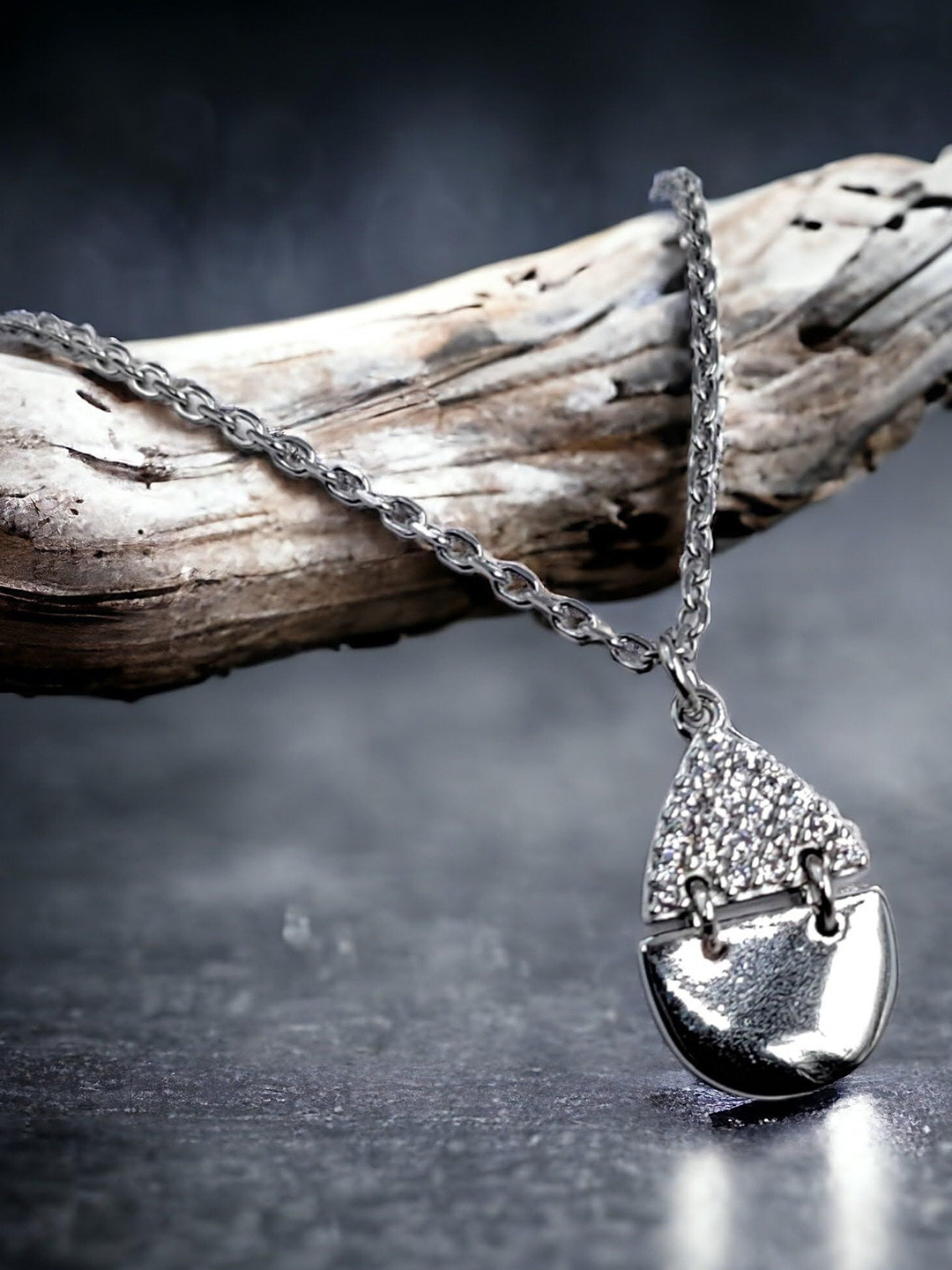 AMONROO 925 Sterling Silver Rhodium-Plated CZ Studded Pear Shape Pendant Chain