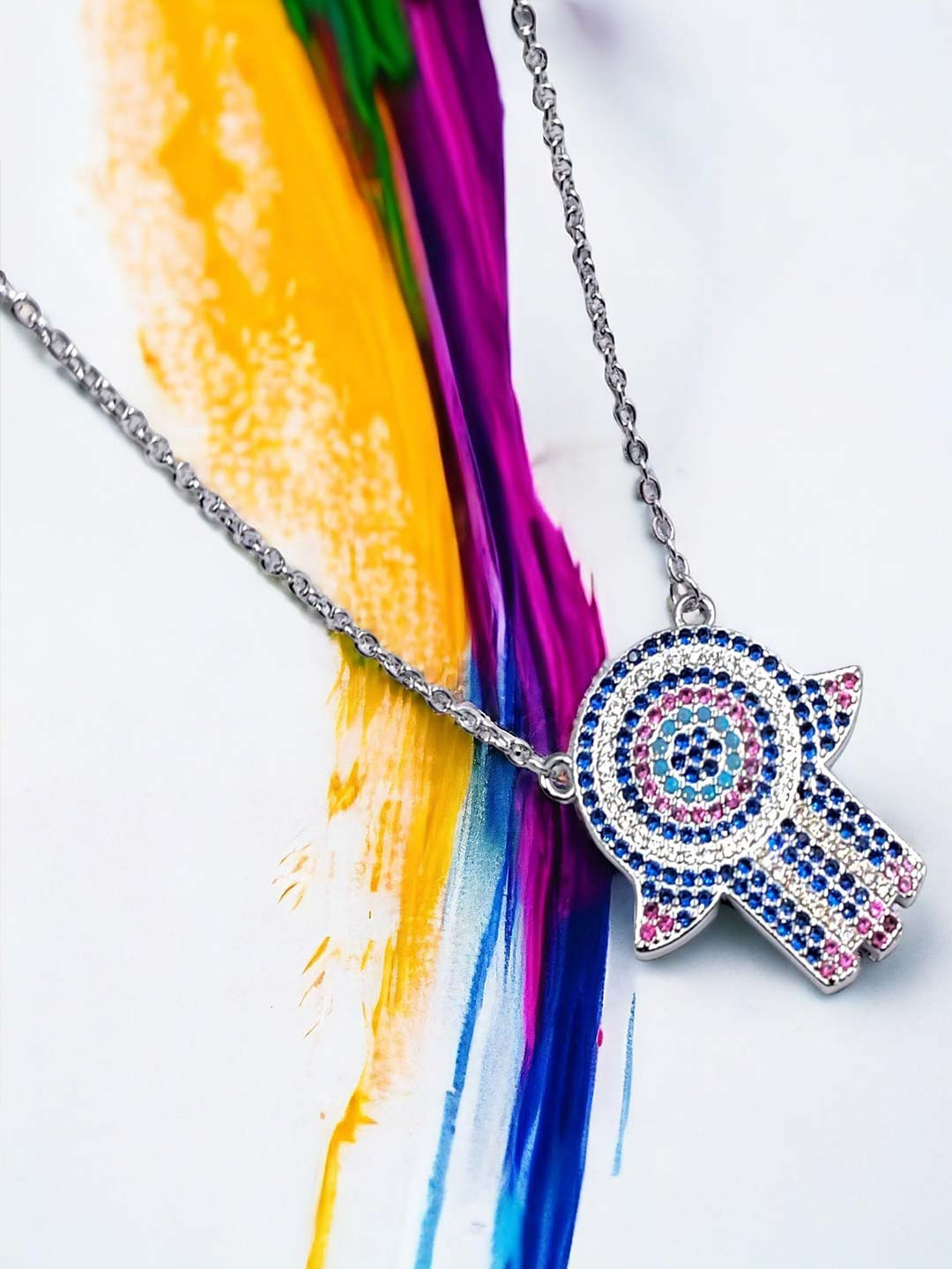 AMONROO 925 Sterling Silver Rhodium-Plated CZ Studded Evil Eye Hamsa Hand Pendant Chain