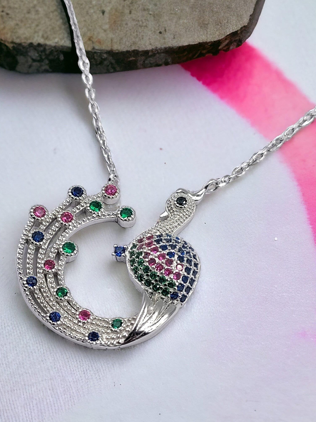 AMONROO 925 Sterling Silver Rhodium-Plated CZ Studded Peacock Pendant Chain
