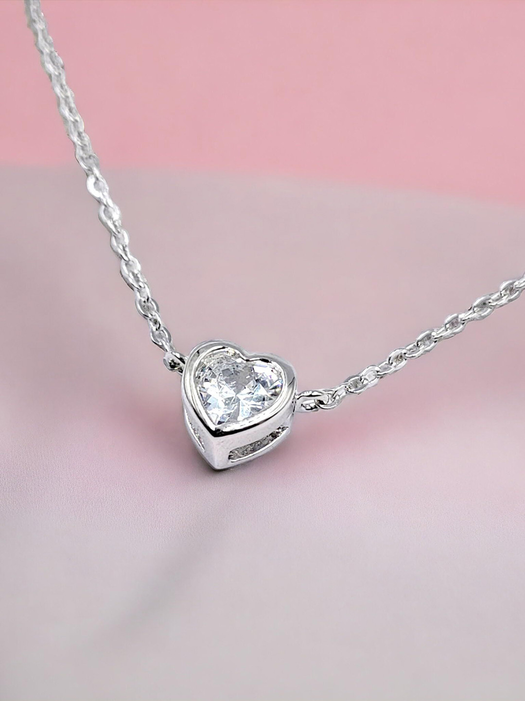 AMONROO 925 Sterling Silver Rhodium-Plated CZ Studded Solitaire Tiny Heart Pendant Chain