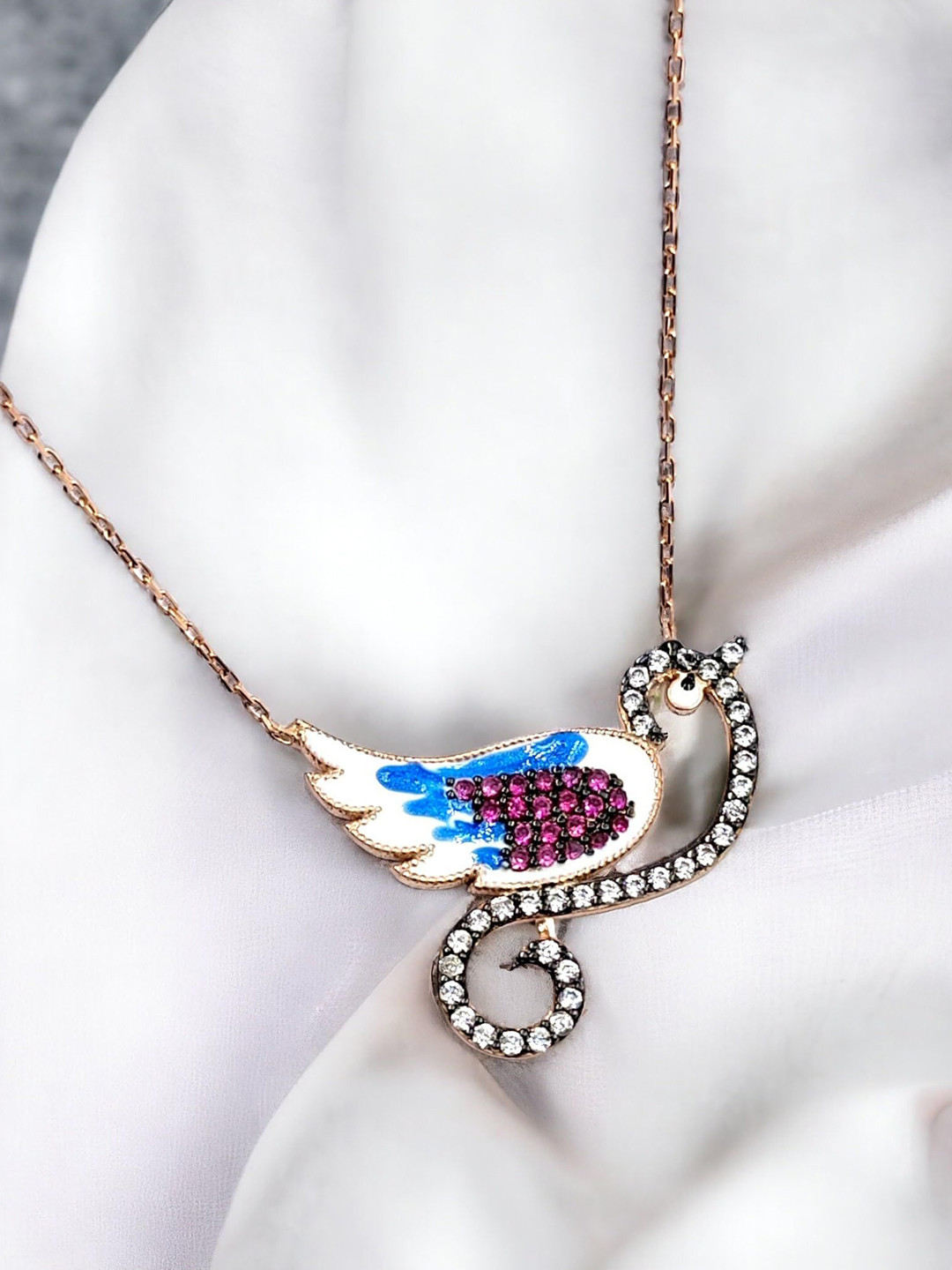 AMONROO 925 Sterling Silver Rose Gold Plated CZ Studded Bird Sparrow Enamel Pendant Chain