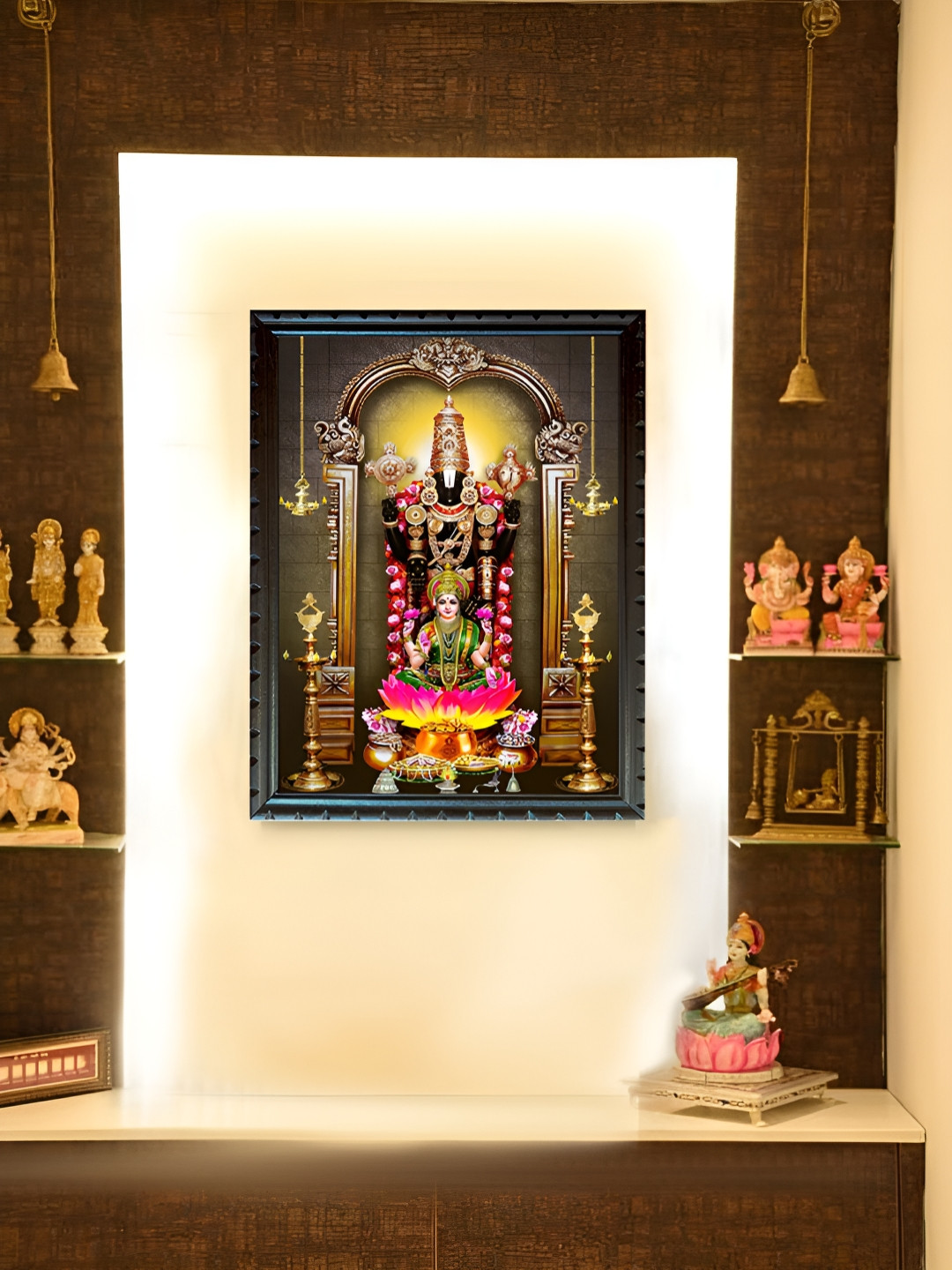 EMPEROR ART GALLERY Black Venkateswara Swamy With Lakshmi Wooden Religious Wall Painting