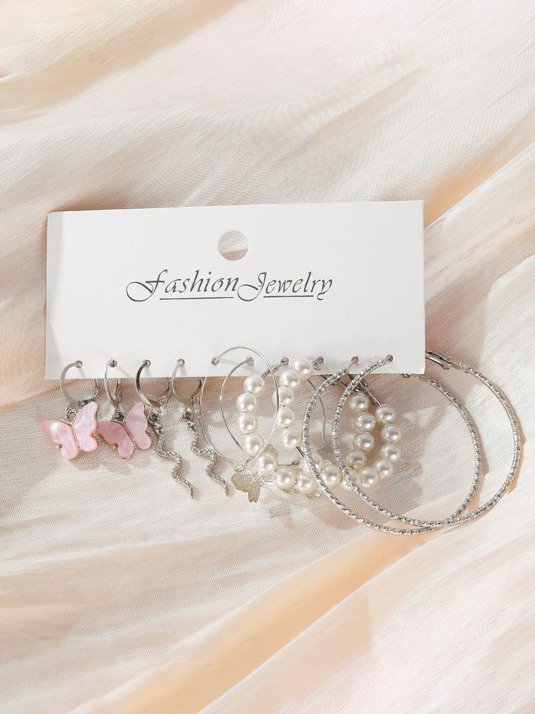 DESTINY JEWELS Set Of 5 Silver Plated Contemporary Shaped Hoops Earrings