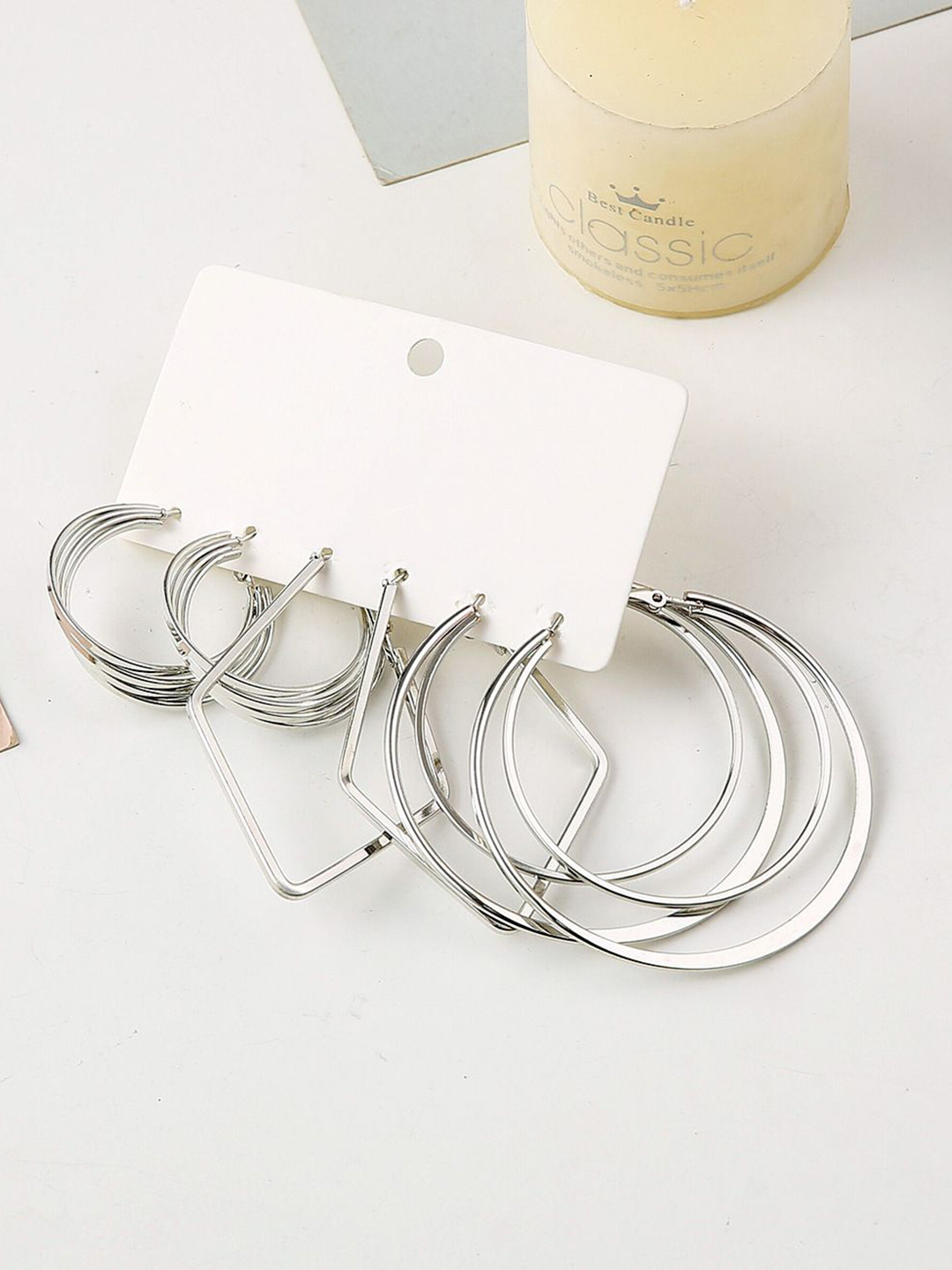 DESTINY JEWELS Set Of 6 Silver Plated Circular Shaped Hoops Earrings