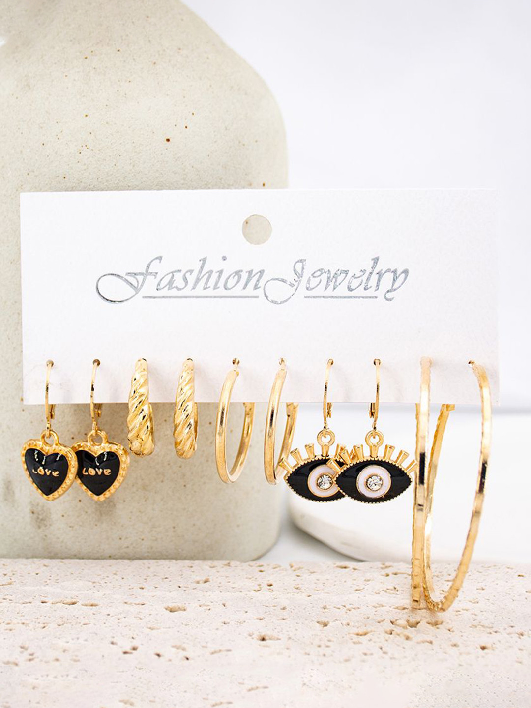 DESTINY JEWELS Set Of 5 Gold Plated Heart Shaped Hoops Earrings