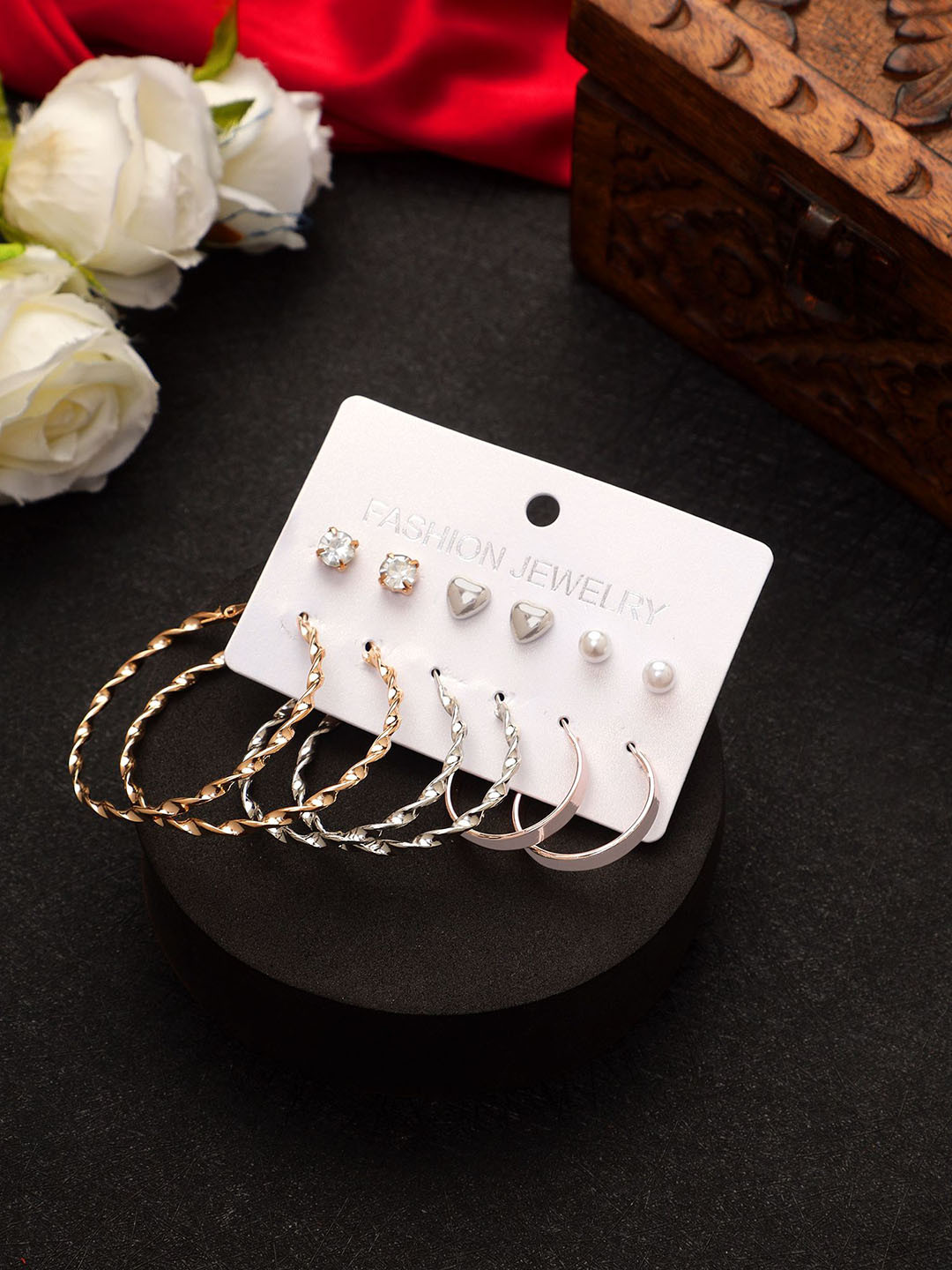 DESTINY JEWELS Set Of 9 Gold Plated Stones Studded & Beaded Square Shaped Studs