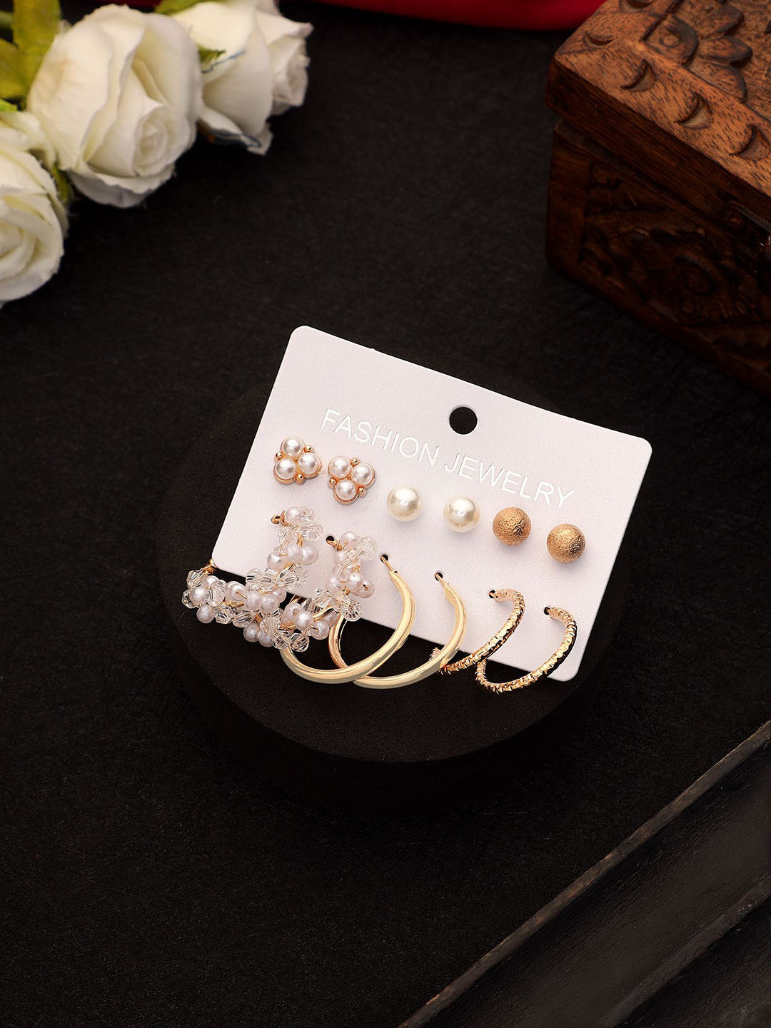 DESTINY JEWELS Set Of 6 Gold-Plated Cubic Zirconia Stone Studded Circular Shaped Studs