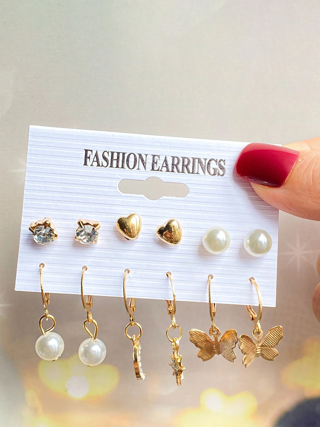 DESTINY JEWELS Set Of 6 Artificial Stones And Pearls Studded Circular Studs
