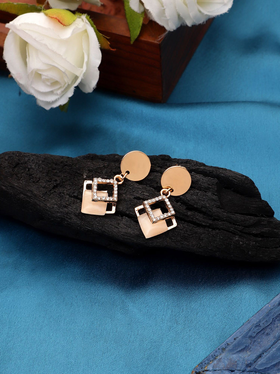 DESTINY JEWELS Rose Gold-Plated Cubic Zirconia Stones Studded Diamond Shaped Drop Earrings