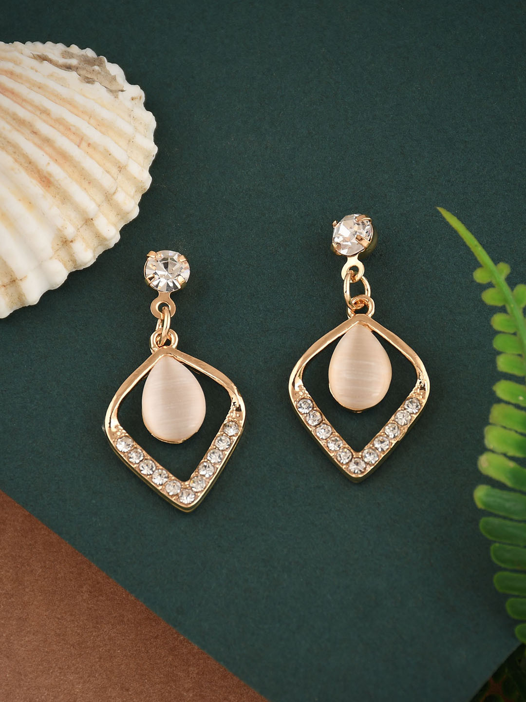 DESTINY JEWELS Gold-Plated Cubic Zirconia Stones Studded Diamond Shaped Drop Earrings