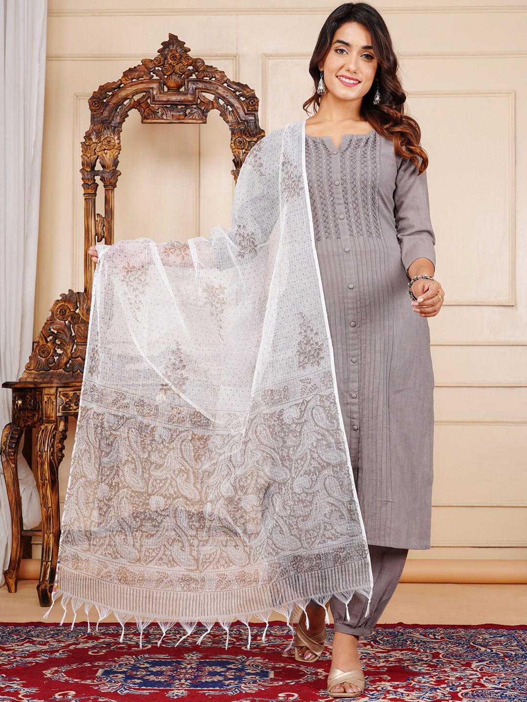 RAABA Striped Pleated Beads & Stones Pure Cotton Straight Kurta with Harem Pants & Dupatta