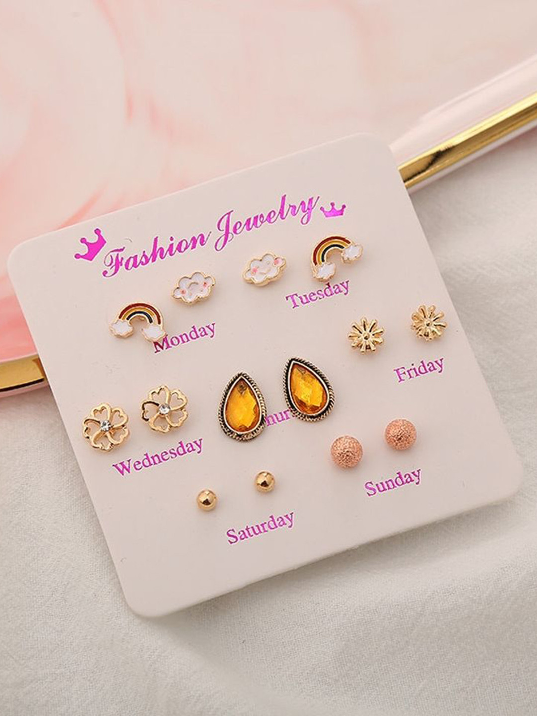 DESTINY JEWELS Set Of 7 Gold-Plated Artificial Stones Studded Teardrop Shaped Studs