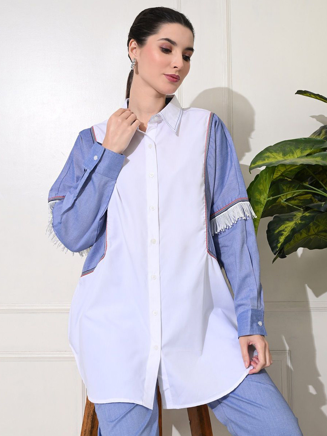 YELLOW PARROT Women Spread Collar Solid Cotton Oversized Casual Shirt